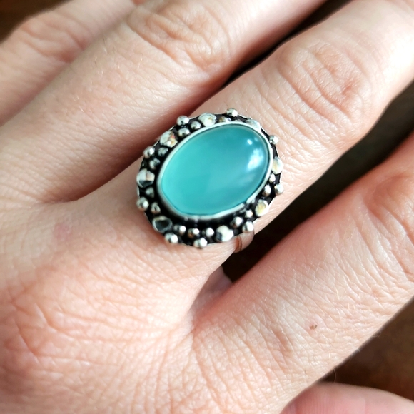 Jewelry - Cabochon Aqua Chalcedony Ring-Chalcedony Ring-925 Silver Plated Ring-Aqua Chalce